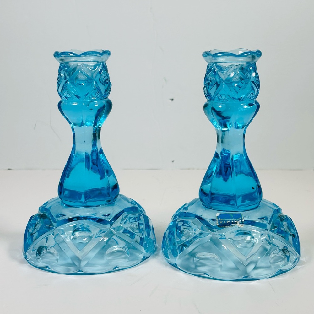 PAIR OF VIKING GLASS Blue  DIAMOND THUMBPRINT CANDLESTICKS  6 3/4”